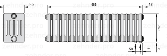 Схема (чертеж) Радиатор Zehnder Charleston 6026/21 №5510 Белый глянцевый RAL 9016